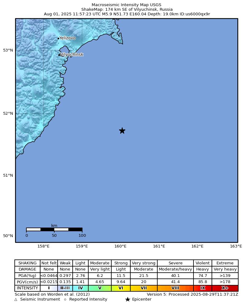 USGS ShakeMap intensity contours for the M5.9 earthquake near 174 km SE of Vilyuchinsk, Russia