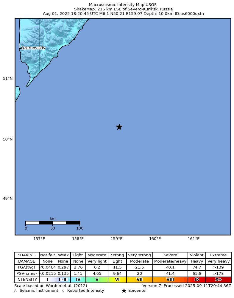 USGS ShakeMap intensity contours for the M6.1 earthquake near 215 km ESE of Severo-Kuril’sk, Russia