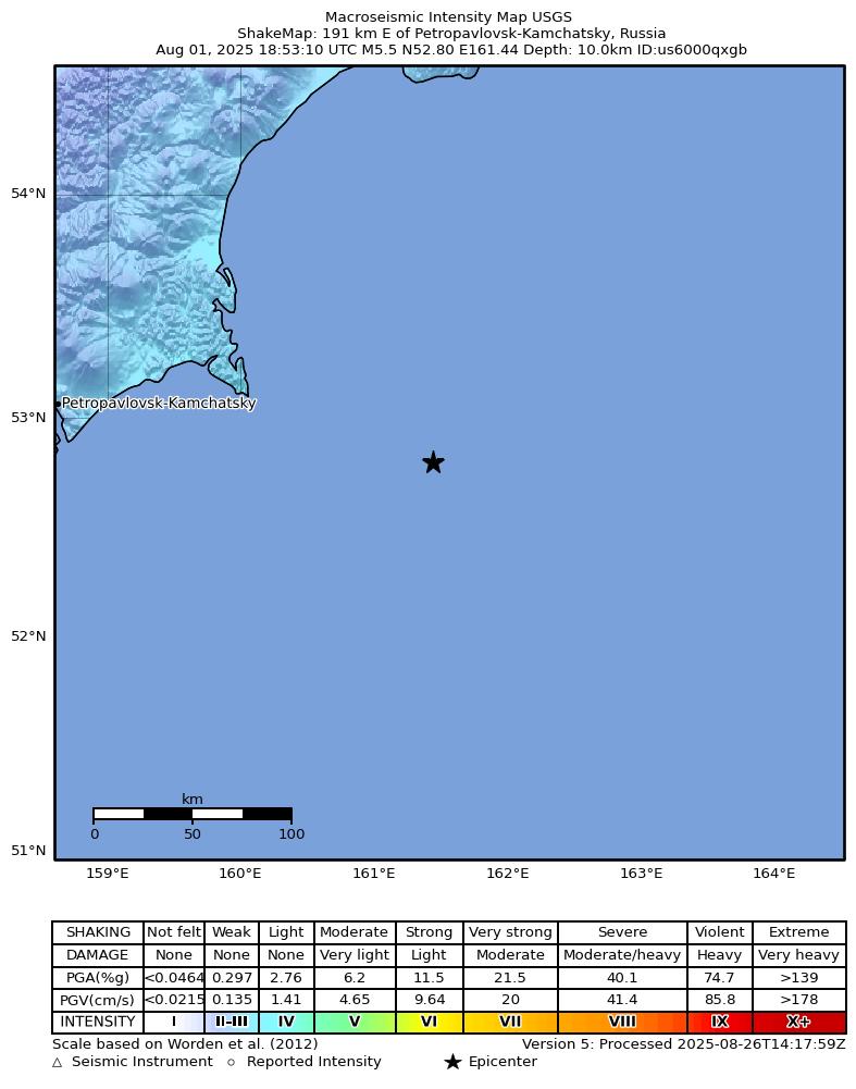 USGS ShakeMap intensity contours for the M5.5 earthquake near 191 km E of Petropavlovsk-Kamchatsky, Russia