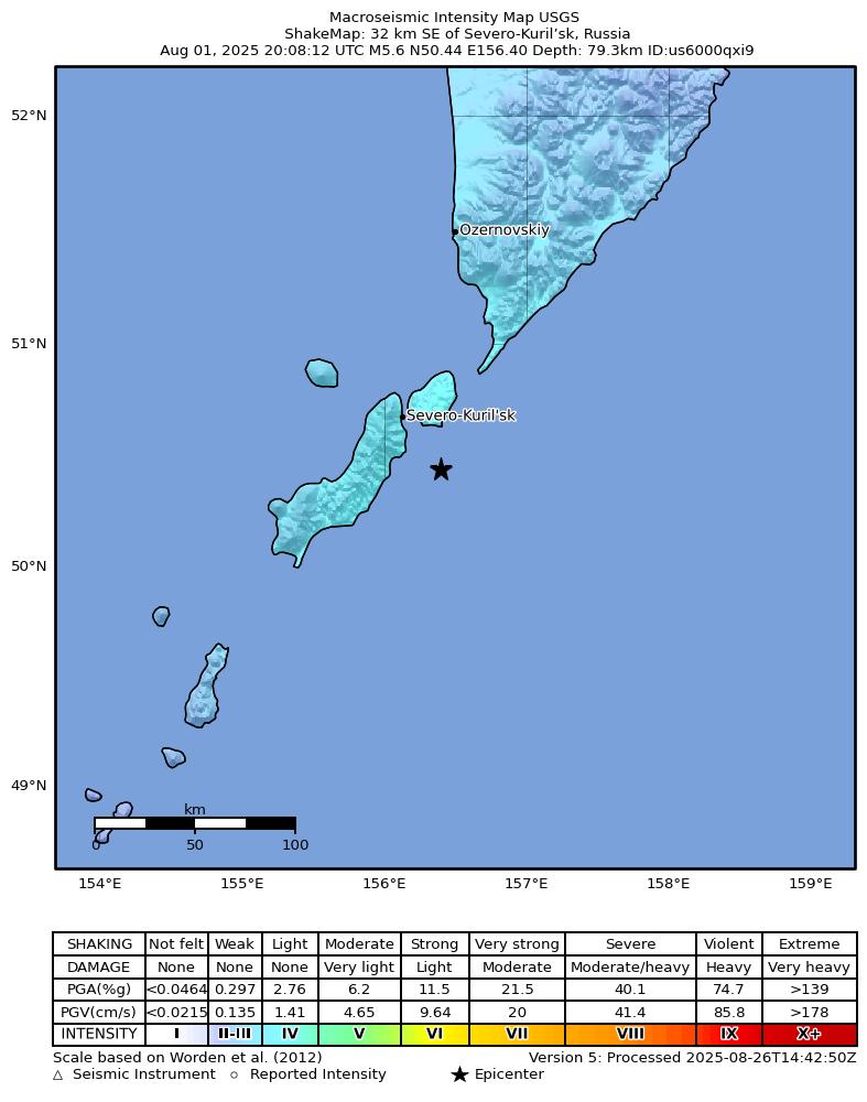 USGS ShakeMap intensity contours for the M5.6 earthquake near 32 km SE of Severo-Kuril’sk, Russia