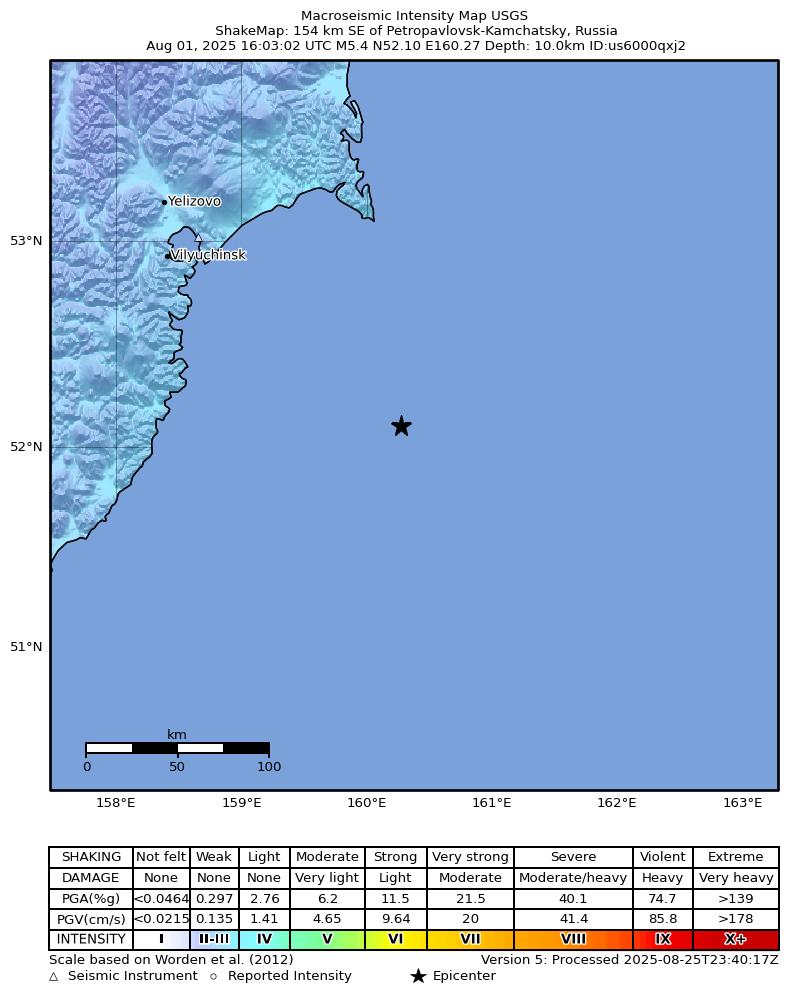 USGS ShakeMap intensity contours for the M5.4 earthquake near 154 km SE of Petropavlovsk-Kamchatsky, Russia