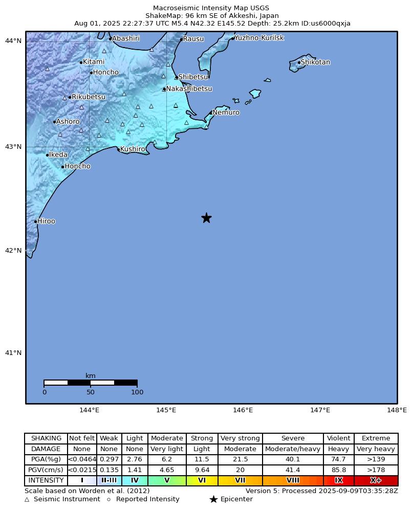USGS ShakeMap intensity contours for the M5.4 earthquake near 96 km SE of Akkeshi, Japan