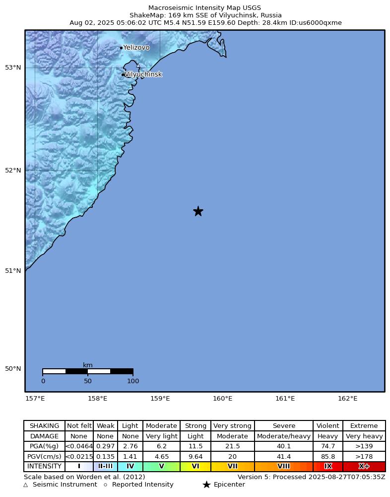 USGS ShakeMap intensity contours for the M5.4 earthquake near 169 km SSE of Vilyuchinsk, Russia