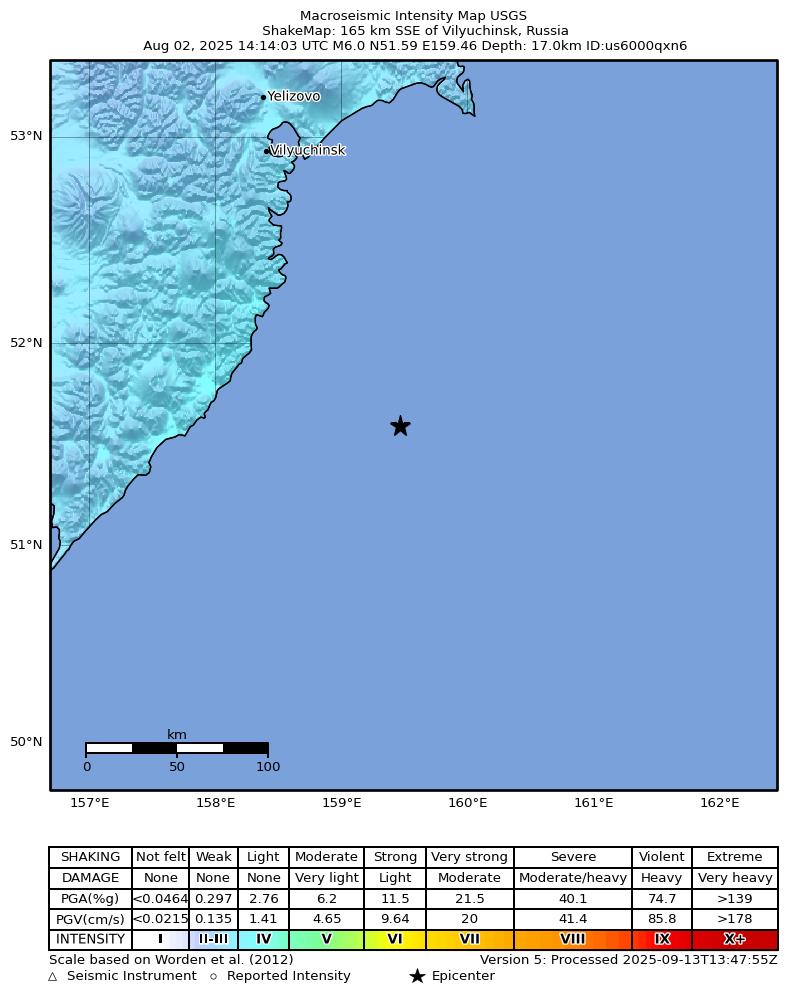 USGS ShakeMap intensity contours for the M6.0 earthquake near 165 km SSE of Vilyuchinsk, Russia