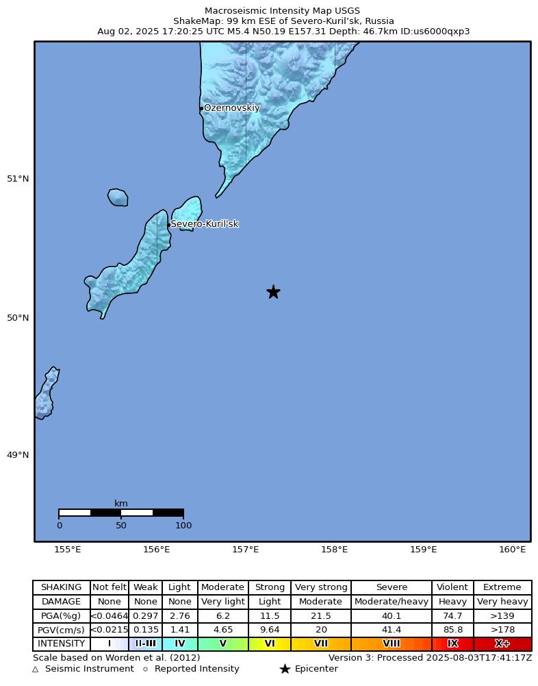 USGS ShakeMap intensity contours for the M5.0 earthquake near 99 km SE of Severo-Kuril’sk, Russia