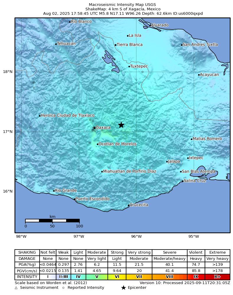 USGS ShakeMap intensity contours for the M5.8 earthquake near 4 km S of Xagacía, Mexico