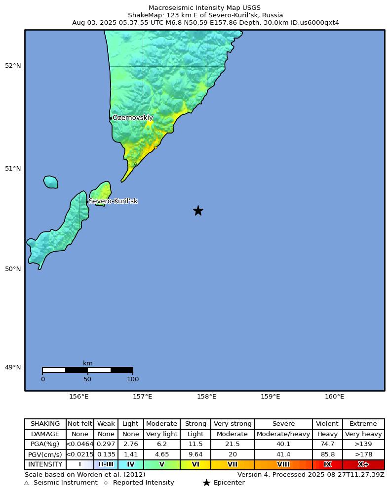 USGS ShakeMap intensity contours for the M6.8 earthquake near 123 km E of Severo-Kuril’sk, Russia