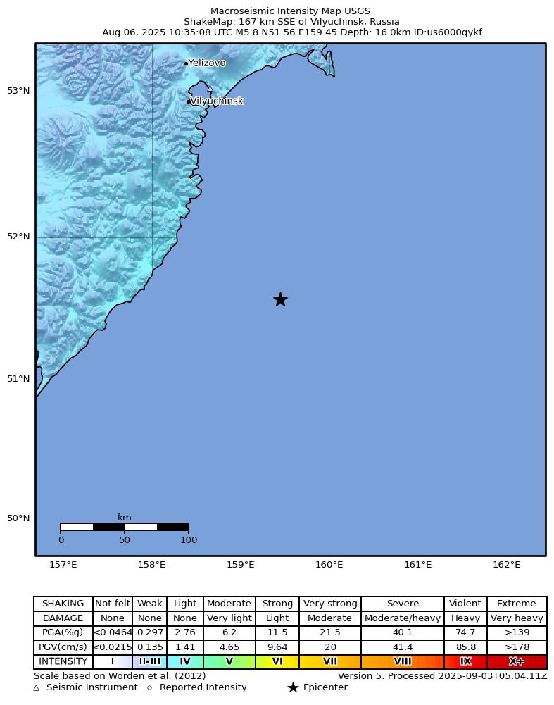 USGS ShakeMap intensity contours for the M5.8 earthquake near 167 km SSE of Vilyuchinsk, Russia