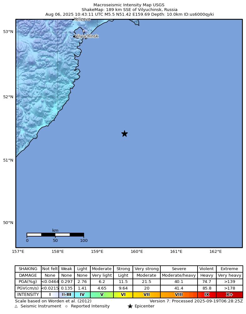 USGS ShakeMap intensity contours for the M5.5 earthquake near 189 km SSE of Vilyuchinsk, Russia