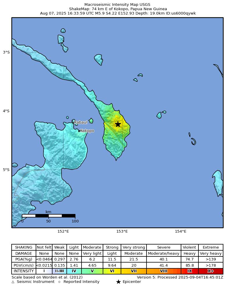 USGS ShakeMap intensity contours for the M5.9 earthquake near 74 km E of Kokopo, Papua New Guinea