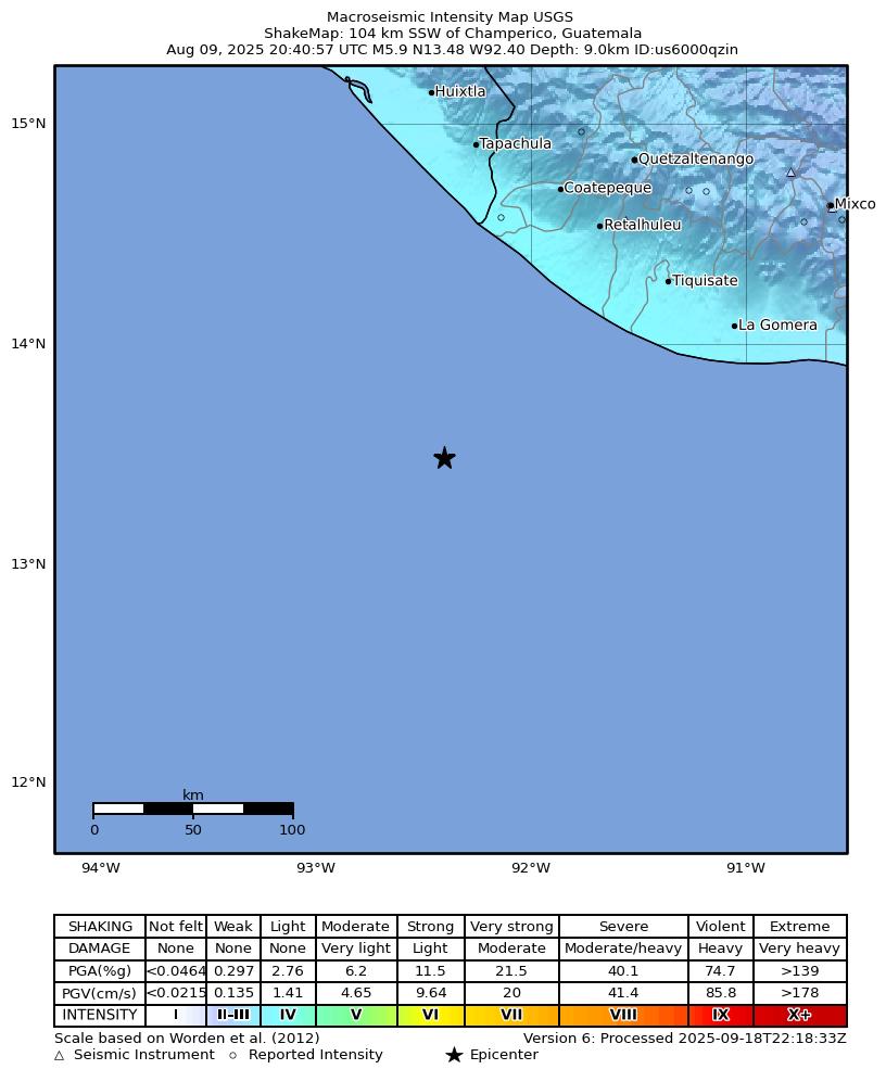 USGS ShakeMap intensity contours for the M5.9 earthquake near 104 km SSW of Champerico, Guatemala