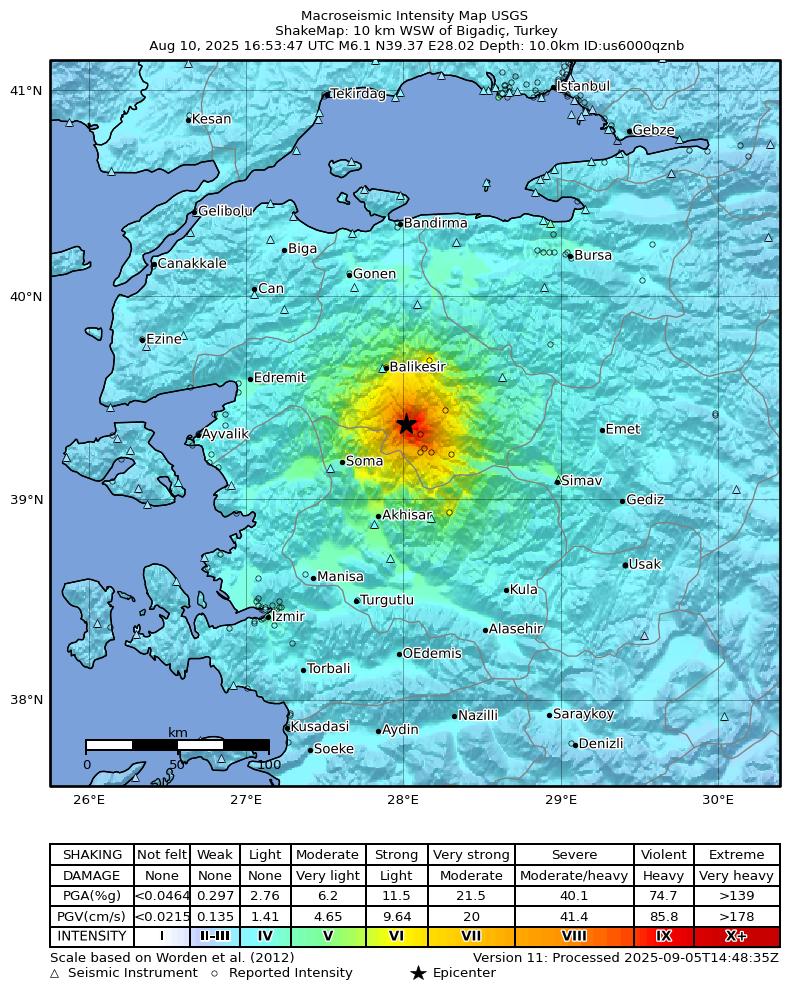 USGS ShakeMap intensity contours for the M6.1 earthquake near 10 km WSW of Bigadiç, Turkey