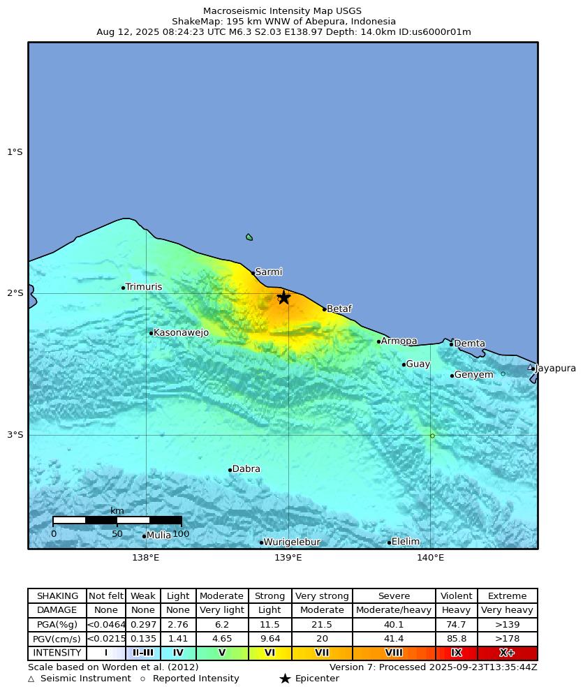 USGS ShakeMap intensity contours for the M6.3 earthquake near 195 km WNW of Abepura, Indonesia