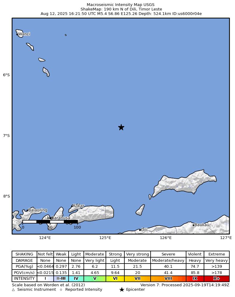 USGS ShakeMap intensity contours for the M5.4 earthquake near 190 km N of Dili, Timor Leste