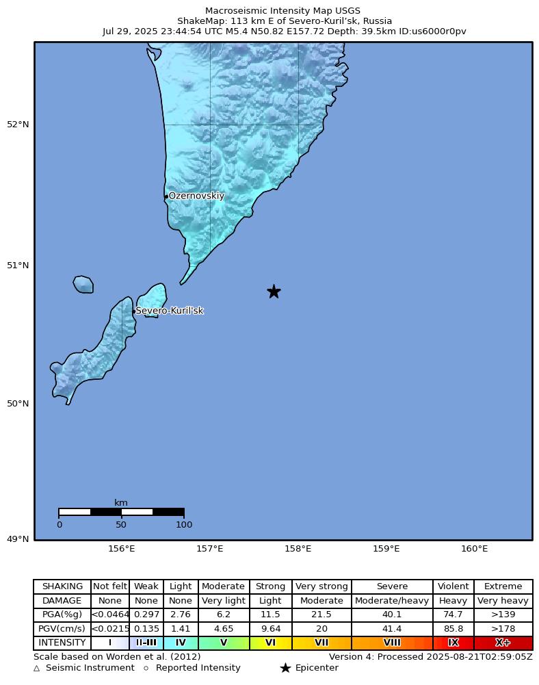 USGS ShakeMap intensity contours for the M5.4 earthquake near 113 km E of Severo-Kuril’sk, Russia