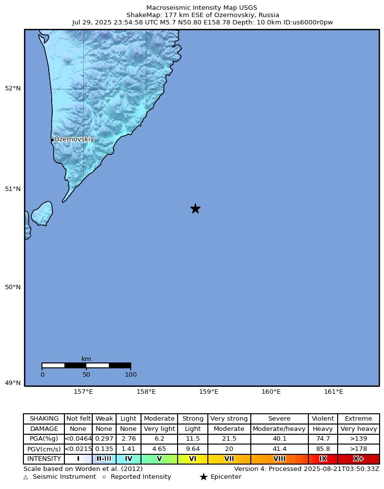 USGS ShakeMap intensity contours for the M5.7 earthquake near 177 km ESE of Ozernovskiy, Russia