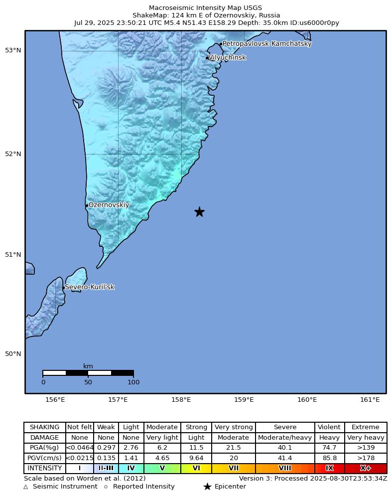 USGS ShakeMap intensity contours for the M5.4 earthquake near 124 km E of Ozernovskiy, Russia