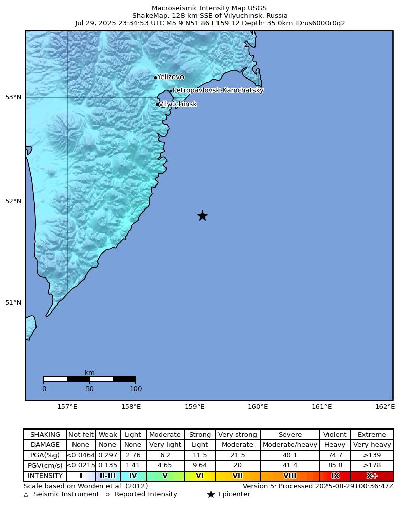 USGS ShakeMap intensity contours for the M5.9 earthquake near 128 km SSE of Vilyuchinsk, Russia
