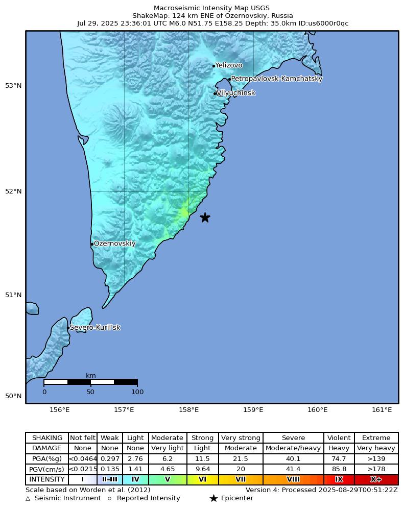 USGS ShakeMap intensity contours for the M6.0 earthquake near 124 km ENE of Ozernovskiy, Russia