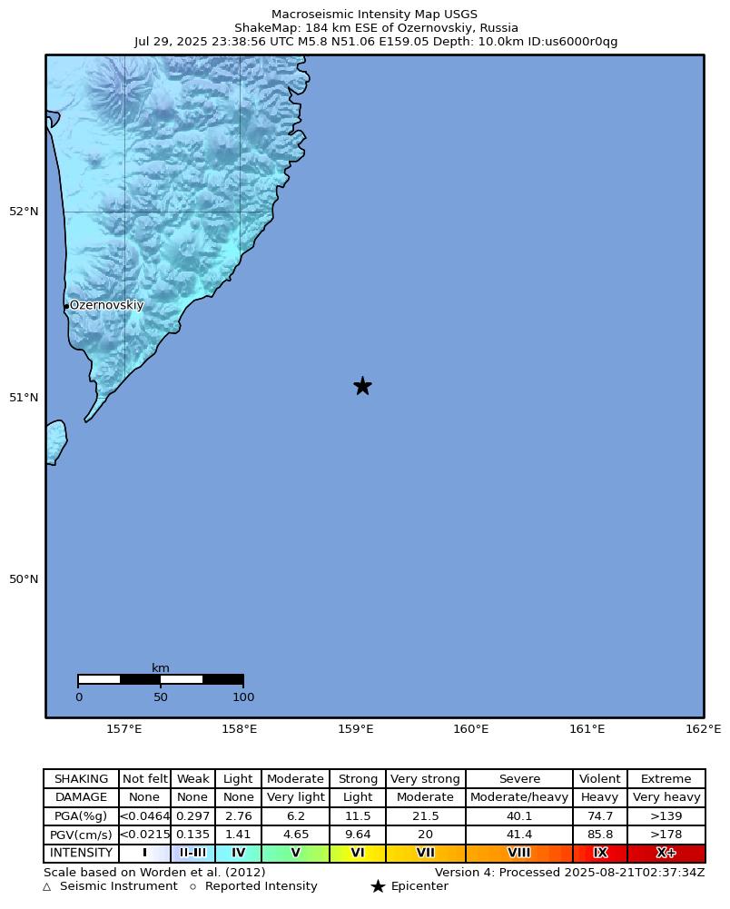 USGS ShakeMap intensity contours for the M5.8 earthquake near 184 km ESE of Ozernovskiy, Russia