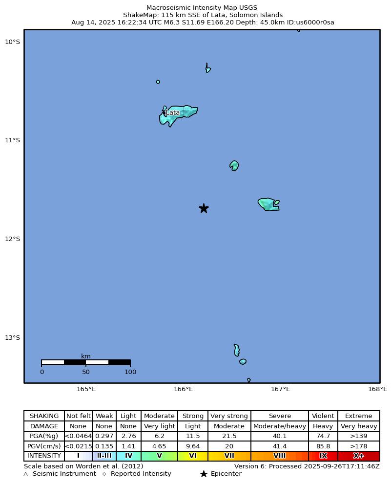 USGS ShakeMap intensity contours for the M6.3 earthquake near 115 km SSE of Lata, Solomon Islands