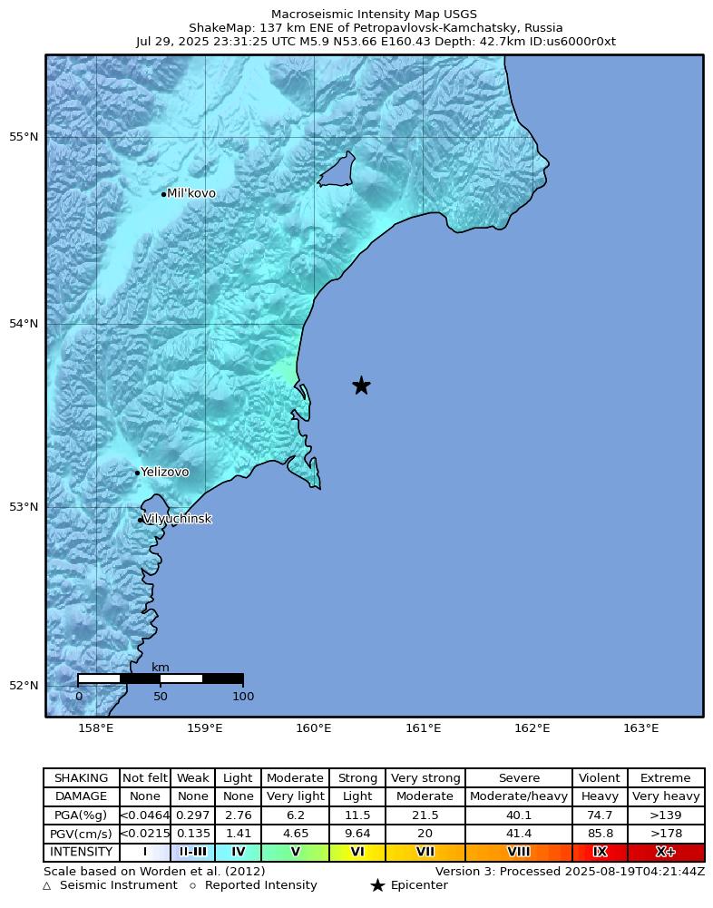 USGS ShakeMap intensity contours for the M5.9 earthquake near 137 km ENE of Petropavlovsk-Kamchatsky, Russia