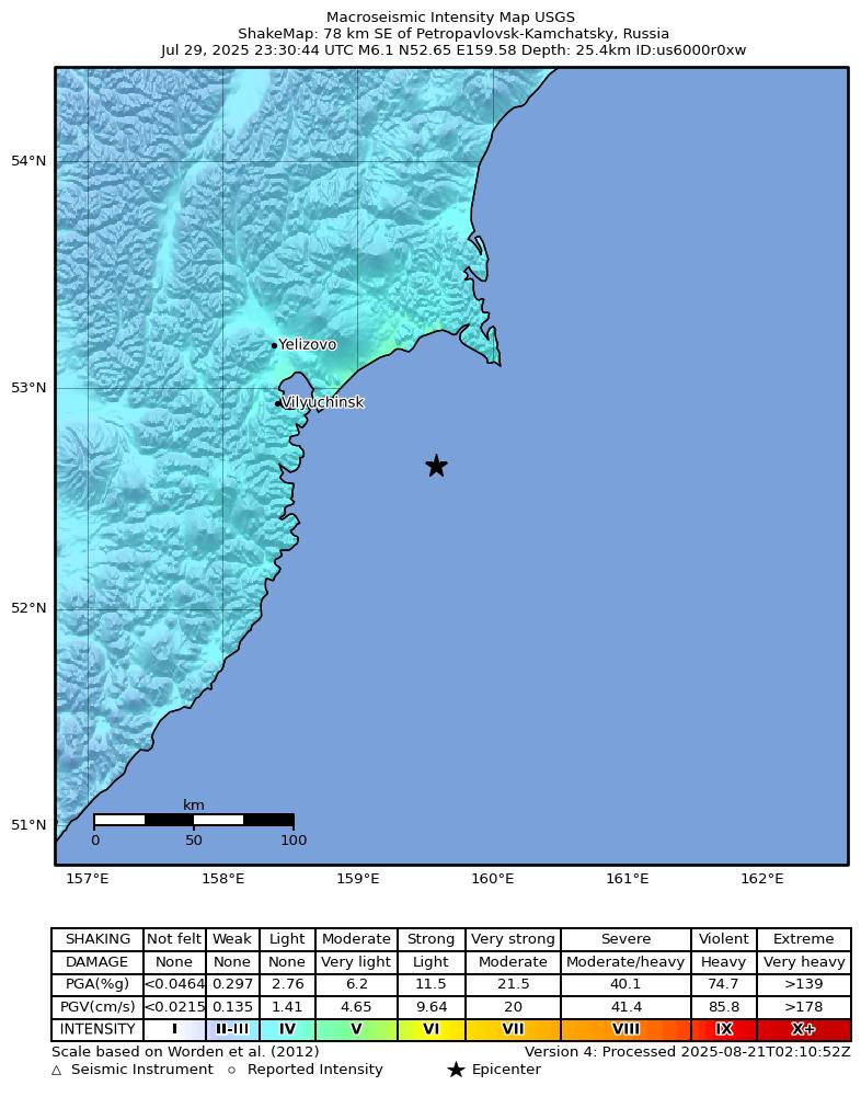 USGS ShakeMap intensity contours for the M6.1 earthquake near 78 km SE of Petropavlovsk-Kamchatsky, Russia