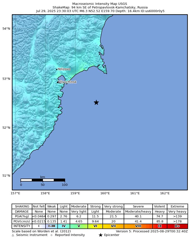 USGS ShakeMap intensity contours for the M6.3 earthquake near 94 km SE of Petropavlovsk-Kamchatsky, Russia