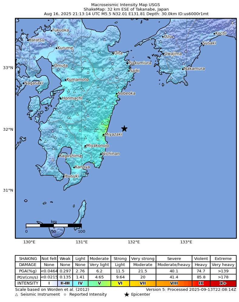 USGS ShakeMap intensity contours for the M5.5 earthquake near 32 km ESE of Takanabe, Japan