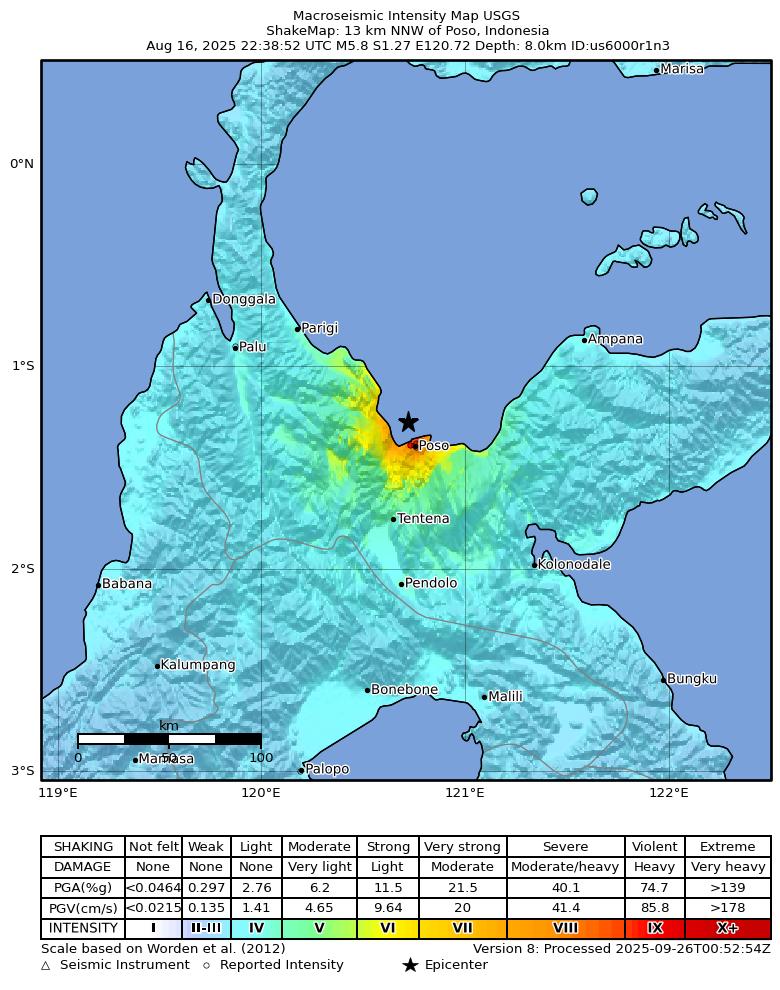 USGS ShakeMap intensity contours for the M5.8 earthquake near 13 km NNW of Poso, Indonesia