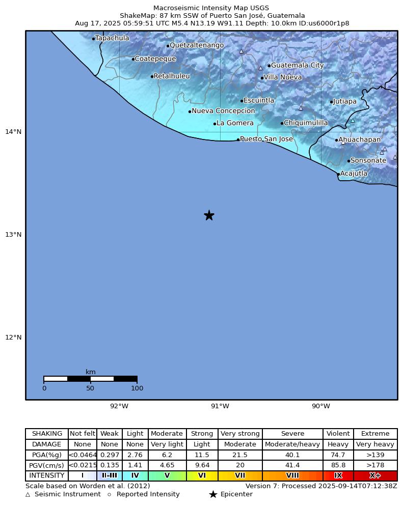 USGS ShakeMap intensity contours for the M5.4 earthquake near 87 km SSW of Puerto San José, Guatemala