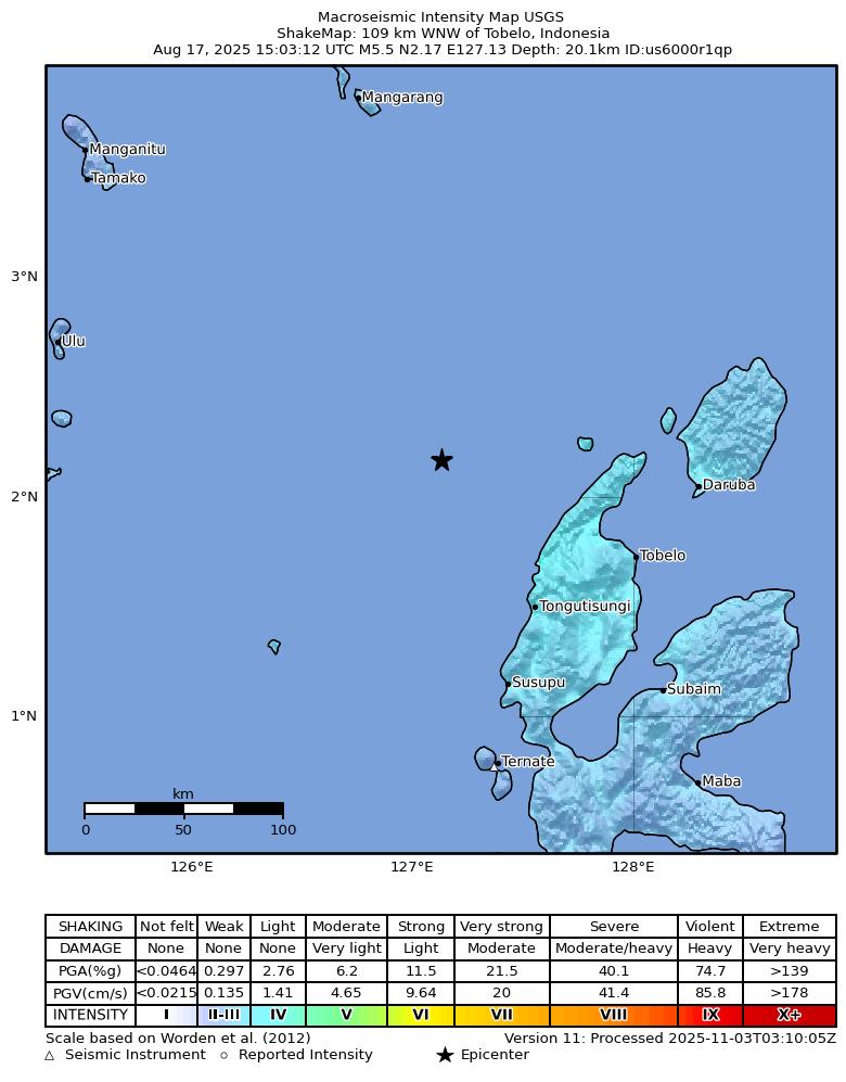 USGS ShakeMap intensity contours for the M5.5 earthquake near 109 km WNW of Tobelo, Indonesia