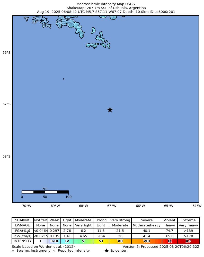 USGS ShakeMap intensity contours for the M5.2 earthquake near 267 km SSE of Ushuaia, Argentina