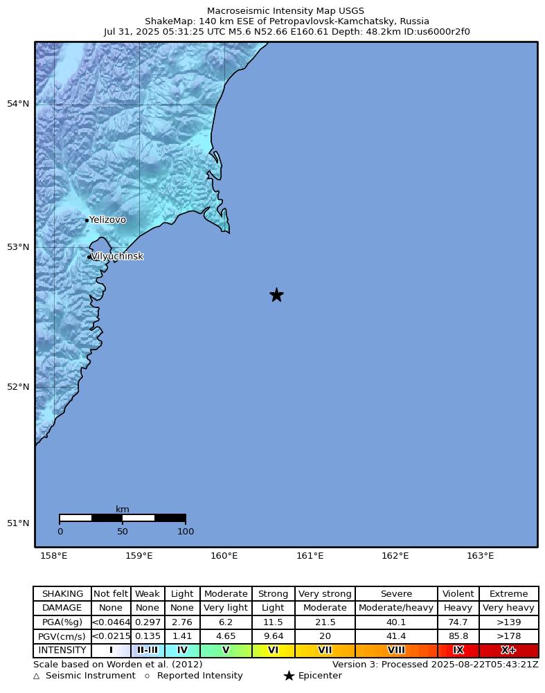 USGS ShakeMap intensity contours for the M5.6 earthquake near 140 km ESE of Petropavlovsk-Kamchatsky, Russia