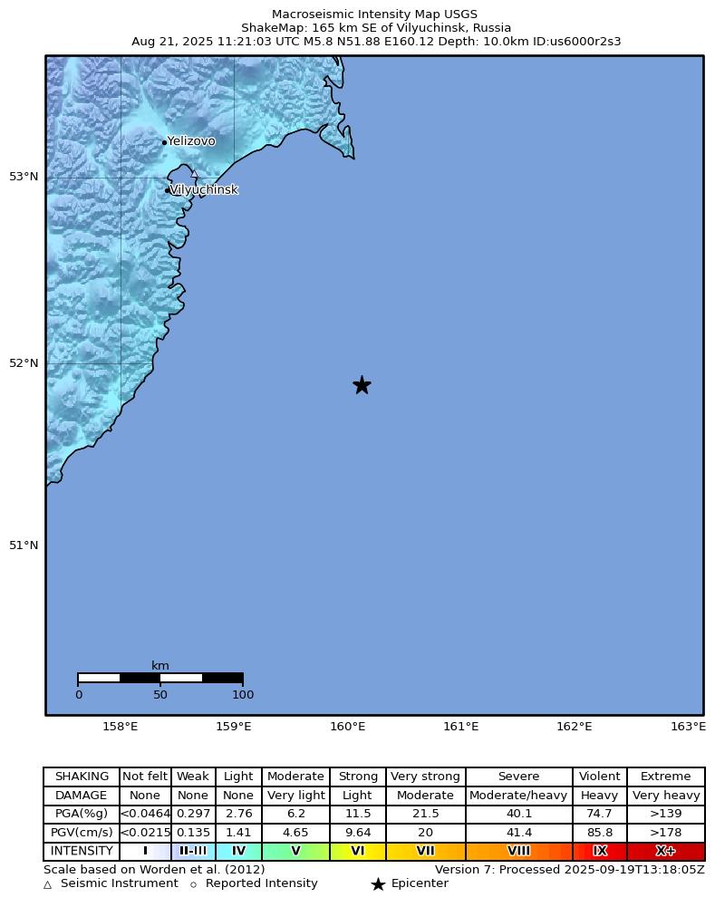 USGS ShakeMap intensity contours for the M5.8 earthquake near 165 km SE of Vilyuchinsk, Russia