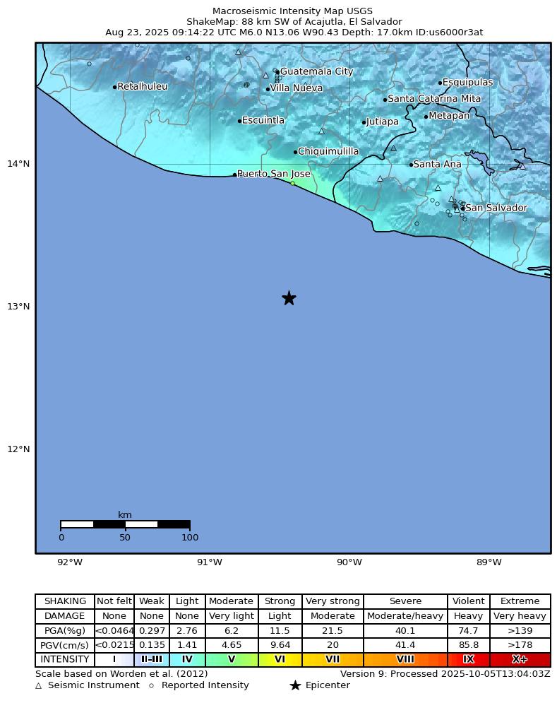 USGS ShakeMap intensity contours for the M6.0 earthquake near 88 km SW of Acajutla, El Salvador