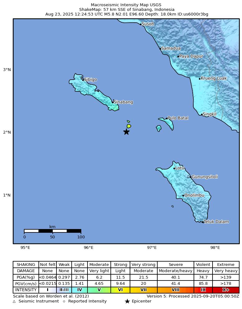 USGS ShakeMap intensity contours for the M5.8 earthquake near 57 km SSE of Sinabang, Indonesia