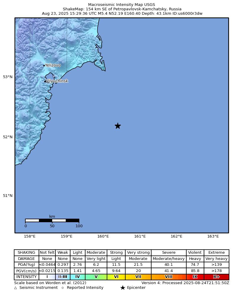 USGS ShakeMap intensity contours for the M5.3 earthquake near 147 km SE of Petropavlovsk-Kamchatsky, Russia