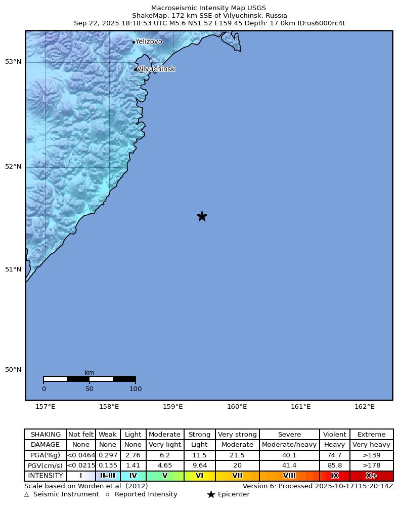 USGS ShakeMap intensity contours for the M5.6 earthquake near 172 km SSE of Vilyuchinsk, Russia