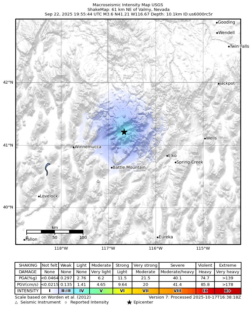 USGS ShakeMap intensity contours for the M3.7 earthquake near 61 km NE of Valmy, Nevada