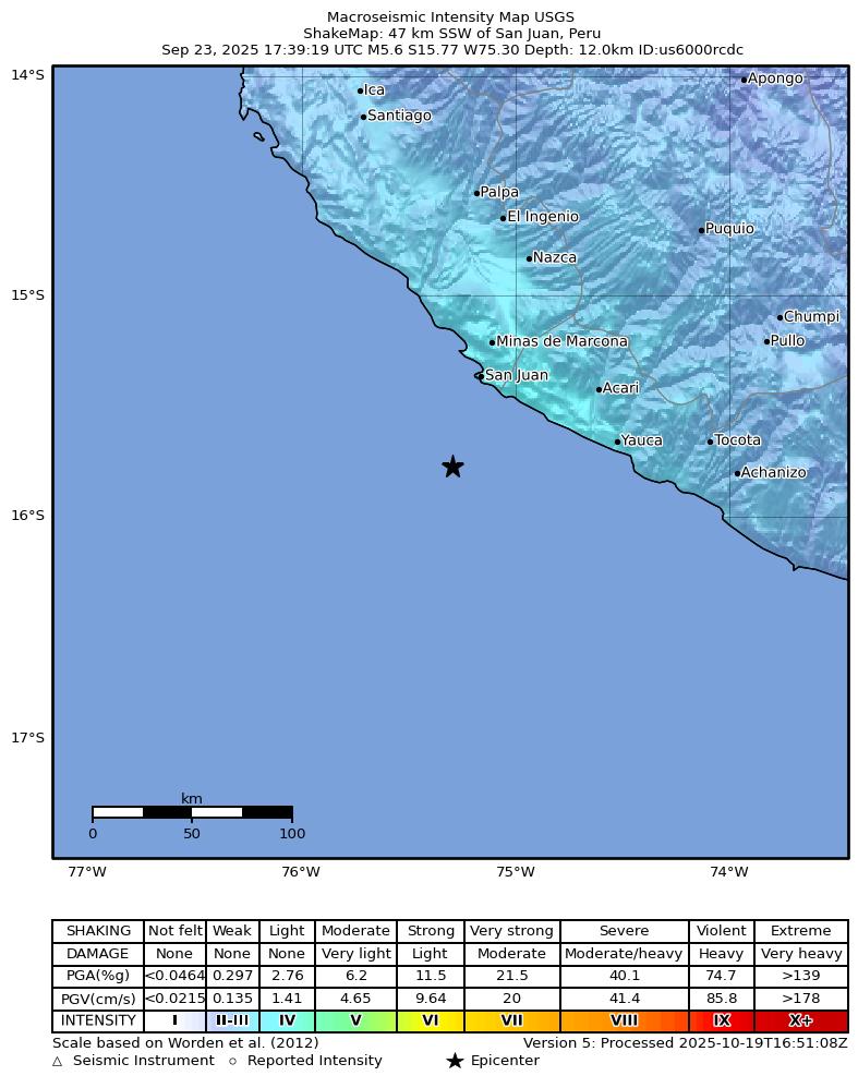 USGS ShakeMap intensity contours for the M5.6 earthquake near 47 km SSW of San Juan, Peru