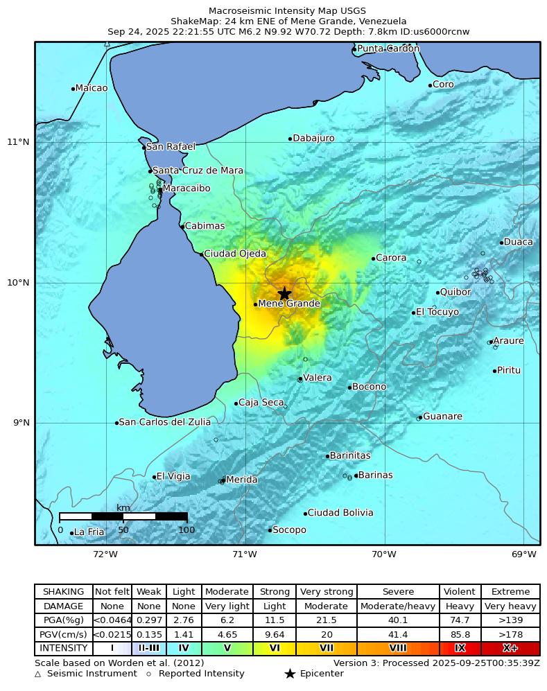 USGS ShakeMap intensity contours for the M6.2 earthquake near 5 km ENE of Mene Grande, Venezuela