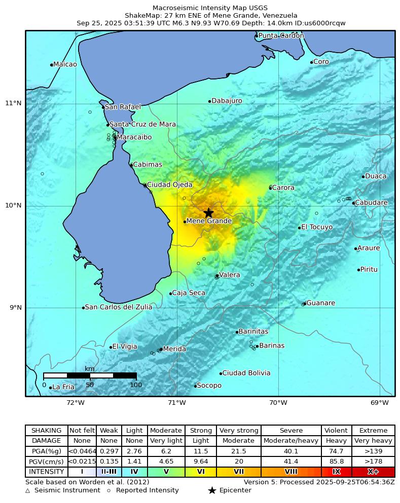 USGS ShakeMap intensity contours for the M6.3 earthquake near 25 km ENE of Mene Grande, Venezuela
