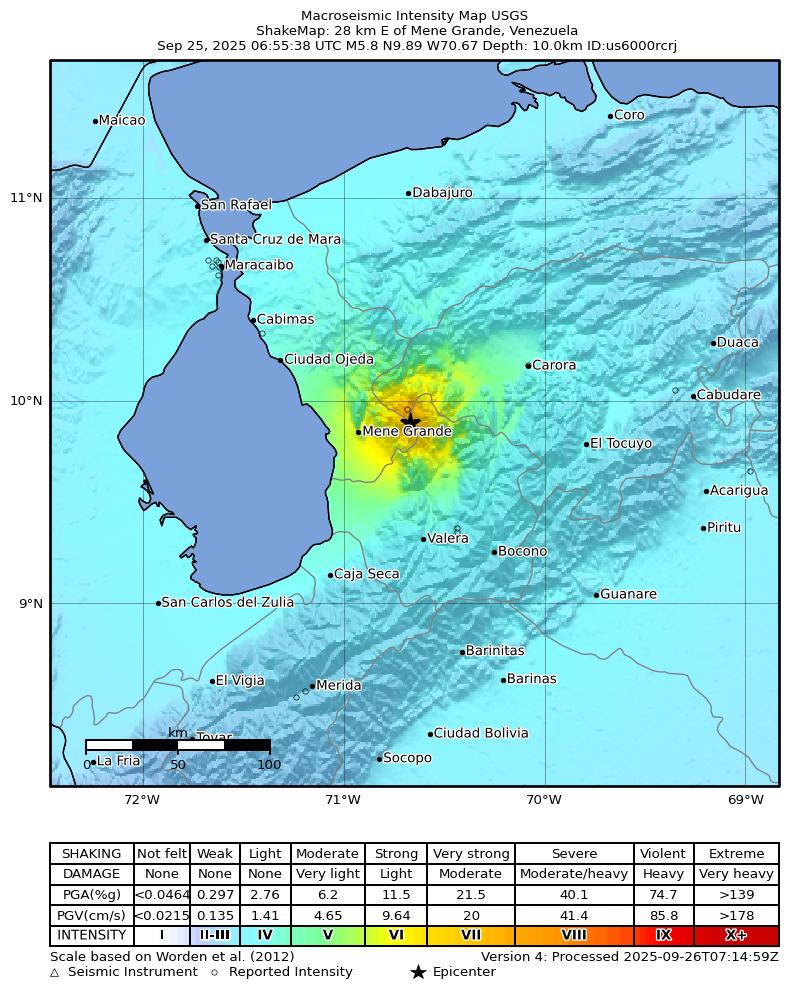 USGS ShakeMap intensity contours for the M5.3 earthquake near 19 km E of Mene Grande, Venezuela