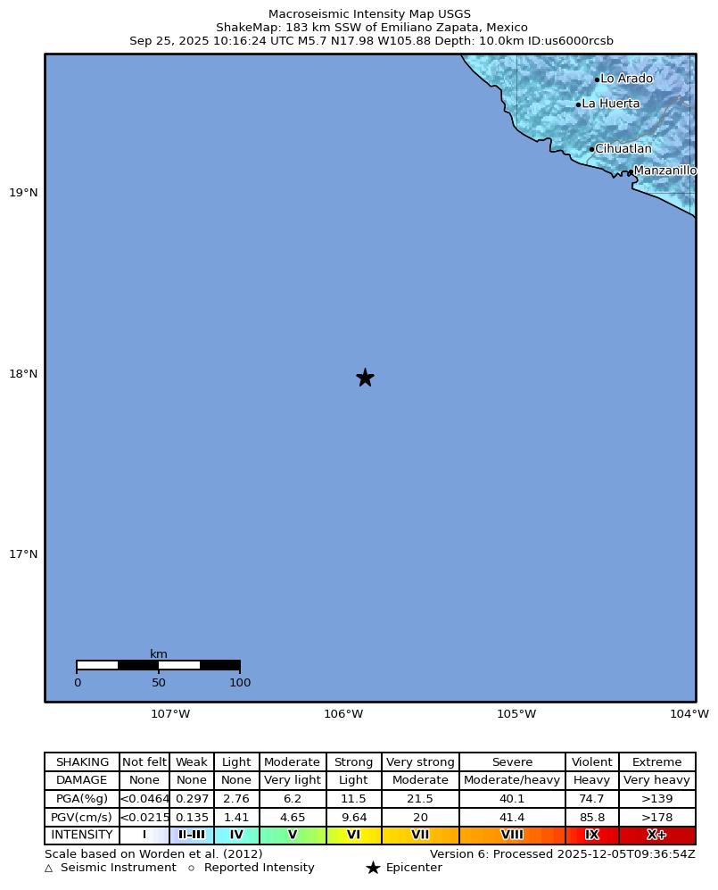 USGS ShakeMap intensity contours for the M5.7 earthquake near 183 km SSW of Emiliano Zapata, Mexico