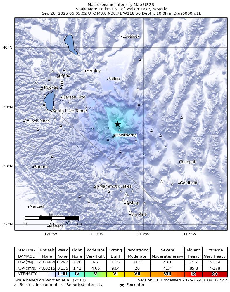 USGS ShakeMap: estimated shaking intensity around the epicenter