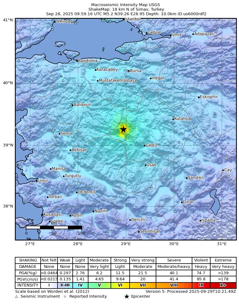 USGS ShakeMap intensity contours for the M5.2 earthquake near 16 km NNW of Simav, Turkey