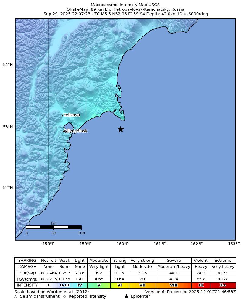USGS ShakeMap intensity contours for the M5.5 earthquake near 89 km E of Petropavlovsk-Kamchatsky, Russia