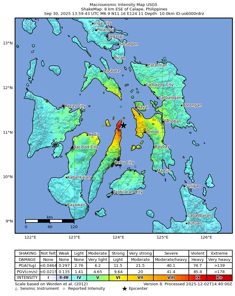 USGS ShakeMap intensity contours for the M6.9 earthquake near 8 km ESE of Calape, Philippines
