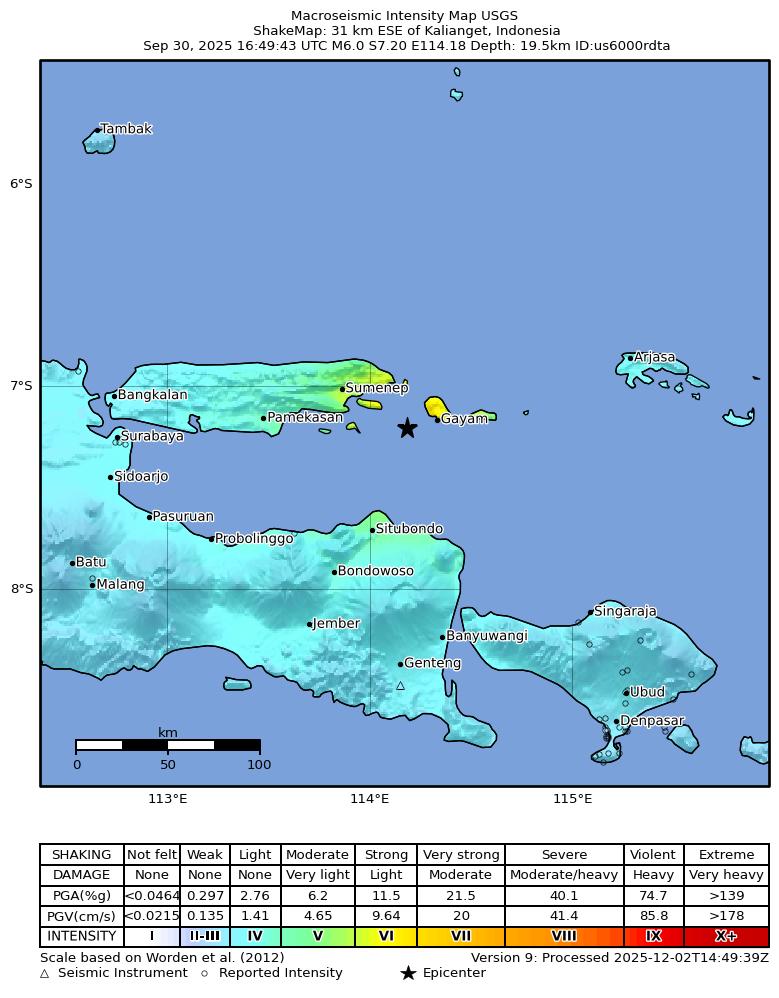 USGS ShakeMap intensity contours for the M6.0 earthquake near 31 km ESE of Kalianget, Indonesia